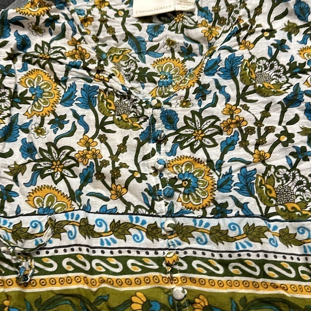 Cynthia Rowley Hippie Boho Top Green/Blue/Yellow Floral Shirt Size Small - Picture 2 of 6